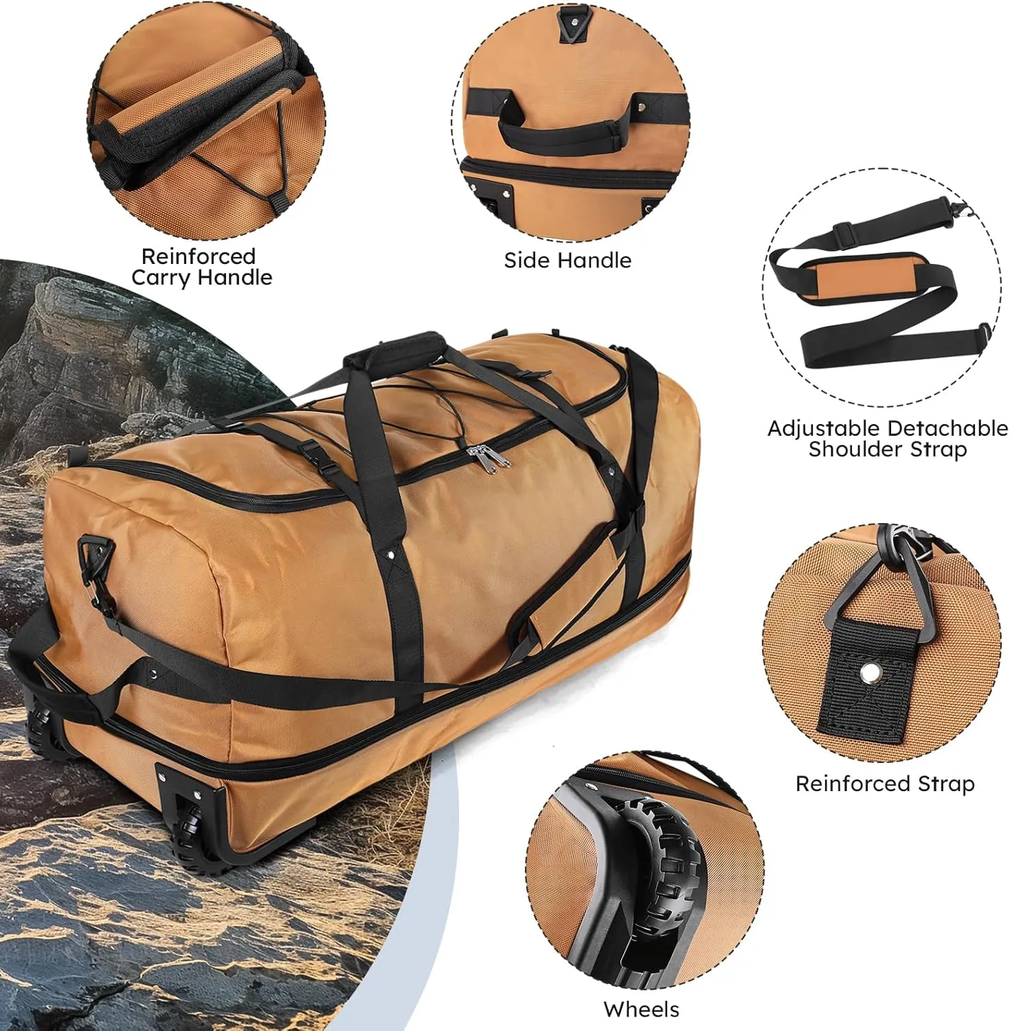 110L Expandable to 140L 32 Foldable Oxford Soft-Sided Rolling Duffle Bag with 2 Heavy-Duty Wheels,3 Large Compartments,Adjustable Shoulder Strap and Attached Organizer Pouch,Coffee