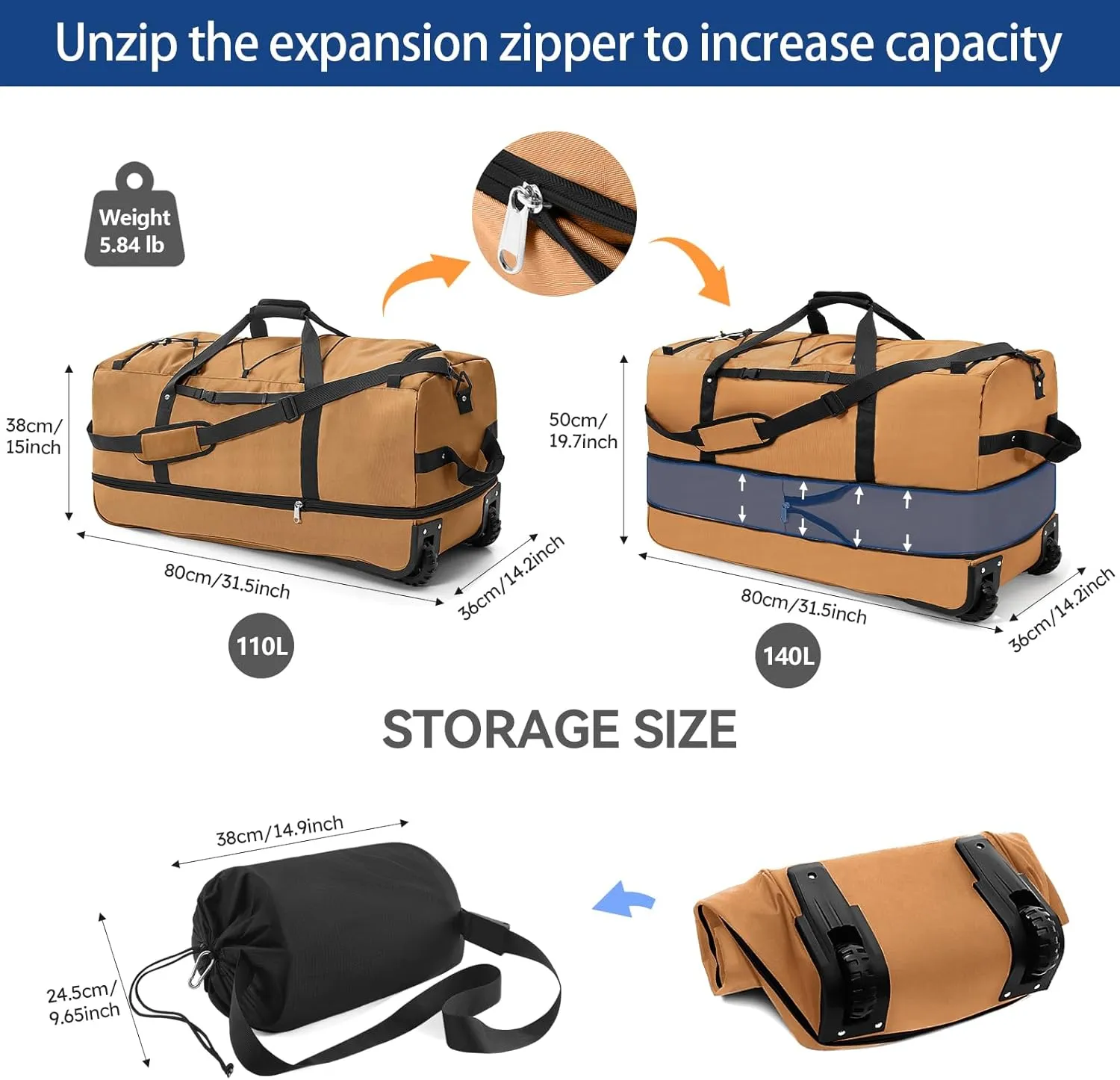110L Expandable to 140L 32 Foldable Oxford Soft-Sided Rolling Duffle Bag with 2 Heavy-Duty Wheels,3 Large Compartments,Adjustable Shoulder Strap and Attached Organizer Pouch,Coffee