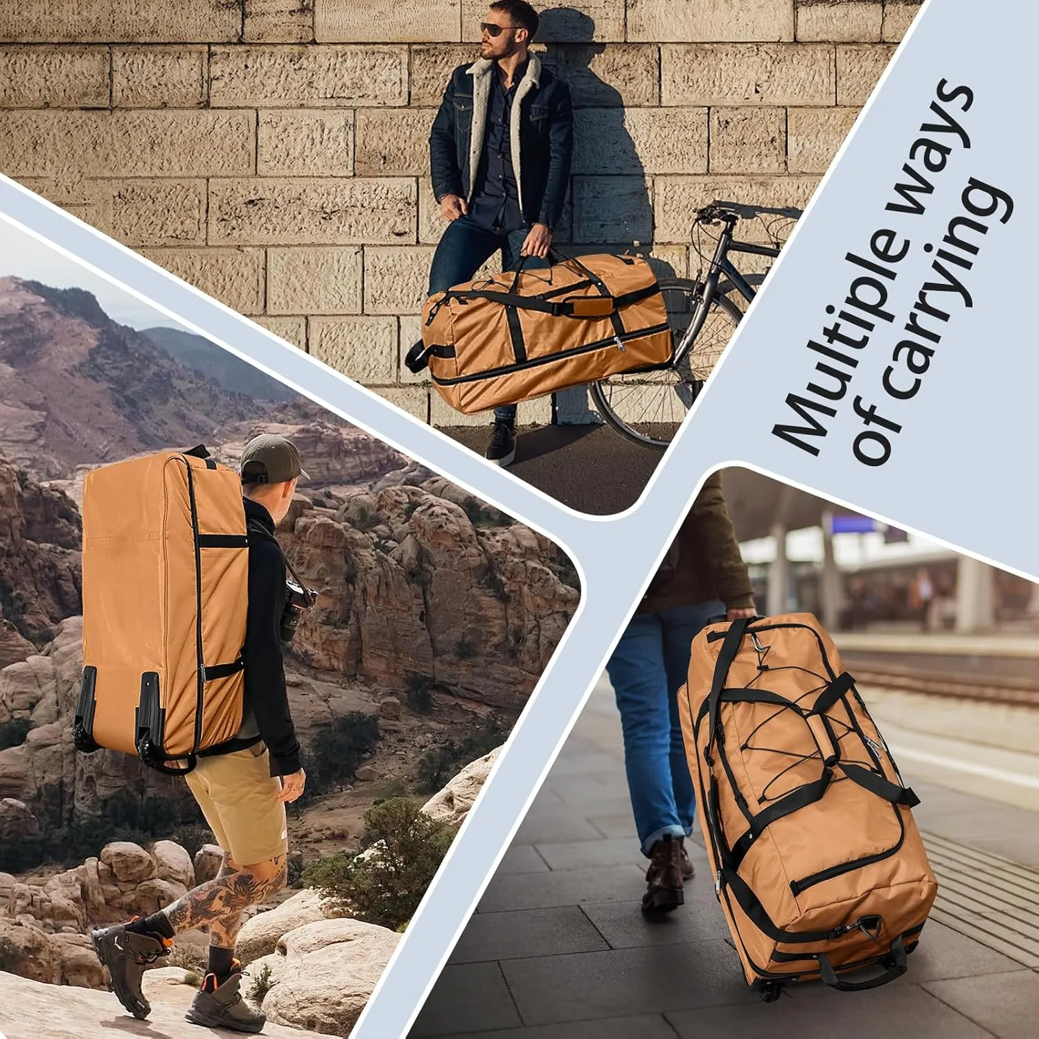 110L Expandable to 140L 32 Foldable Oxford Soft-Sided Rolling Duffle Bag with 2 Heavy-Duty Wheels,3 Large Compartments,Adjustable Shoulder Strap and Attached Organizer Pouch,Coffee