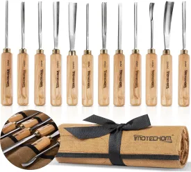 12-Pieces Woodworking Wood Carving Tools Chisel Set with Canvas Bag, Razor Sharp CR-V 60 Steel Blades