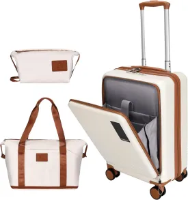 20 inch Small Carry On Luggage Front Open with Laptop Pocket, ABS PC Hard Shell Suitcase with Spinner Wheels TSA Lock & YKK Zipper, 20in/Toiletry Bag/Handbag, Apricot Off White