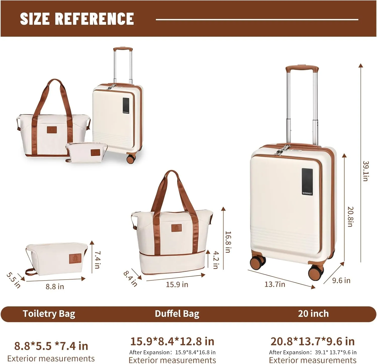 20 inch Small Carry On Luggage Front Open with Laptop Pocket, ABS PC Hard Shell Suitcase with Spinner Wheels TSA Lock & YKK Zipper, 20in/Toiletry Bag/Handbag, Apricot Off White