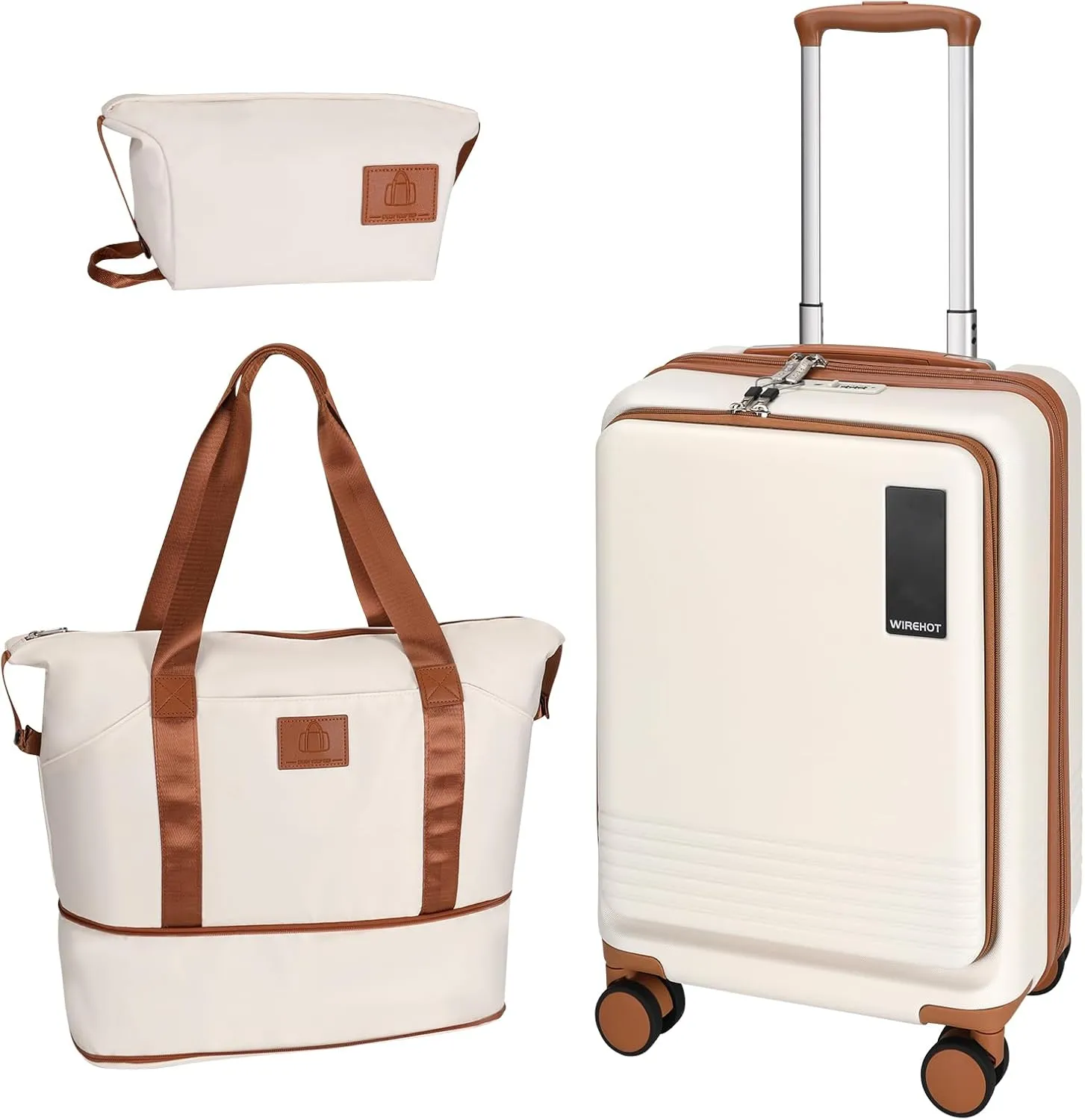 20 inch Small Carry On Luggage Front Open with Laptop Pocket, ABS PC Hard Shell Suitcase with Spinner Wheels TSA Lock & YKK Zipper, 20in/Toiletry Bag/Handbag, Apricot Off White