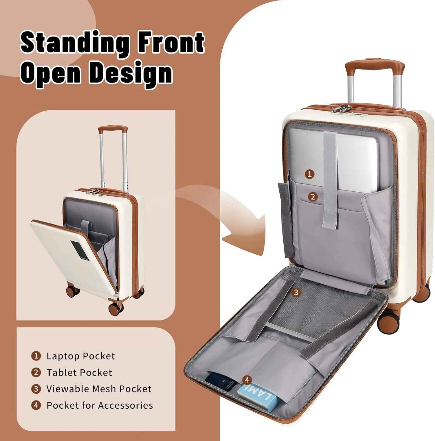 20 inch Small Carry On Luggage Front Open with Laptop Pocket, ABS PC Hard Shell Suitcase with Spinner Wheels TSA Lock & YKK Zipper, 20in/Toiletry Bag/Handbag, Apricot Off White