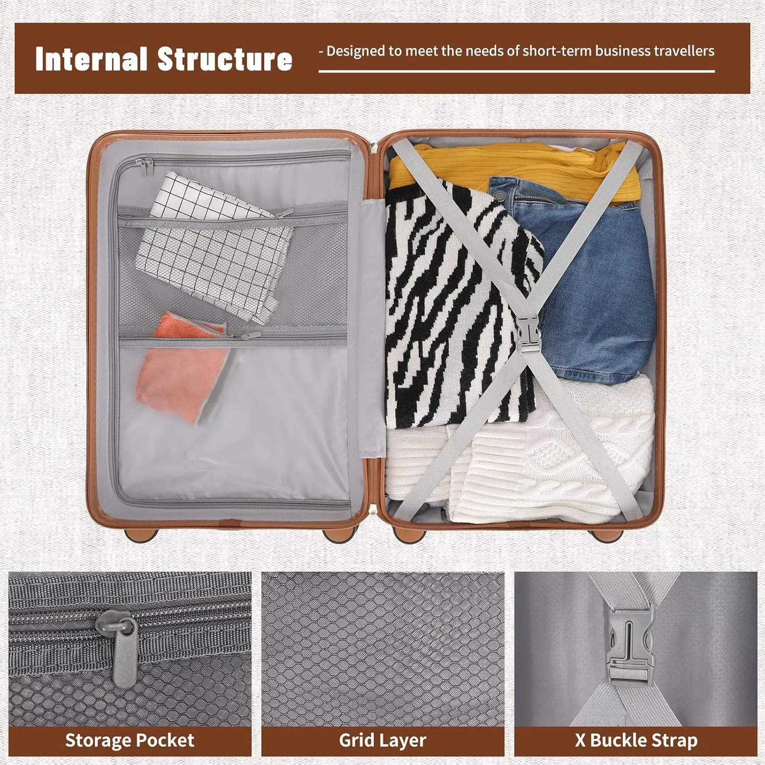 20 inch Small Carry On Luggage Front Open with Laptop Pocket, ABS PC Hard Shell Suitcase with Spinner Wheels TSA Lock & YKK Zipper, 20in/Toiletry Bag/Handbag, Apricot Off White