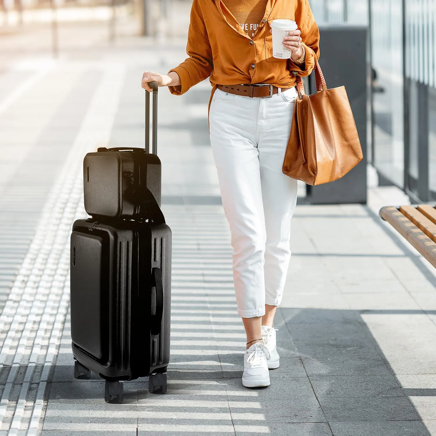 22 Inch Carry On Luggage 22x14x9 Airline Approved, Carry On Suitcase with Wheels, Hard-shell Carry-on Luggage, Durable Luggage Carry-On, Black Small Suitcase with Cosmetic Case