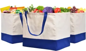 3 Pack Canvas Reusable Grocery Bags Heavy Duty, 8.3 gal Foldable Large Canvas Tote Bag with Handles, Holds 60 lbs Canvas Shopping Bags & Washable Eco-friendly Bags with 5 Pockets, Blue Off White