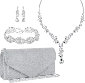 4 Pieces Silver Clutch Purses Rhinestone Crystal Choker Necklace Teardrop Dangle Earrings Link Tennis Bracelet Jewelry Set Evening Bag Handbag Crossbody Envelope for Women