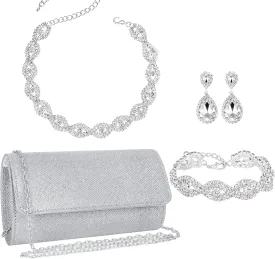 4 Pieces Silver Clutch Purses Rhinestone Crystal Choker Necklace Teardrop Dangle Earrings Link Tennis Bracelet Jewelry Set Evening Bag Handbag Crossbody Envelope for Women
