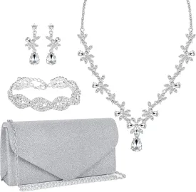 4 Pieces Silver Clutch Purses Rhinestone Crystal Choker Necklace Teardrop Dangle Earrings Link Tennis Bracelet Jewelry Set Evening Bag Handbag Crossbody Envelope for Women