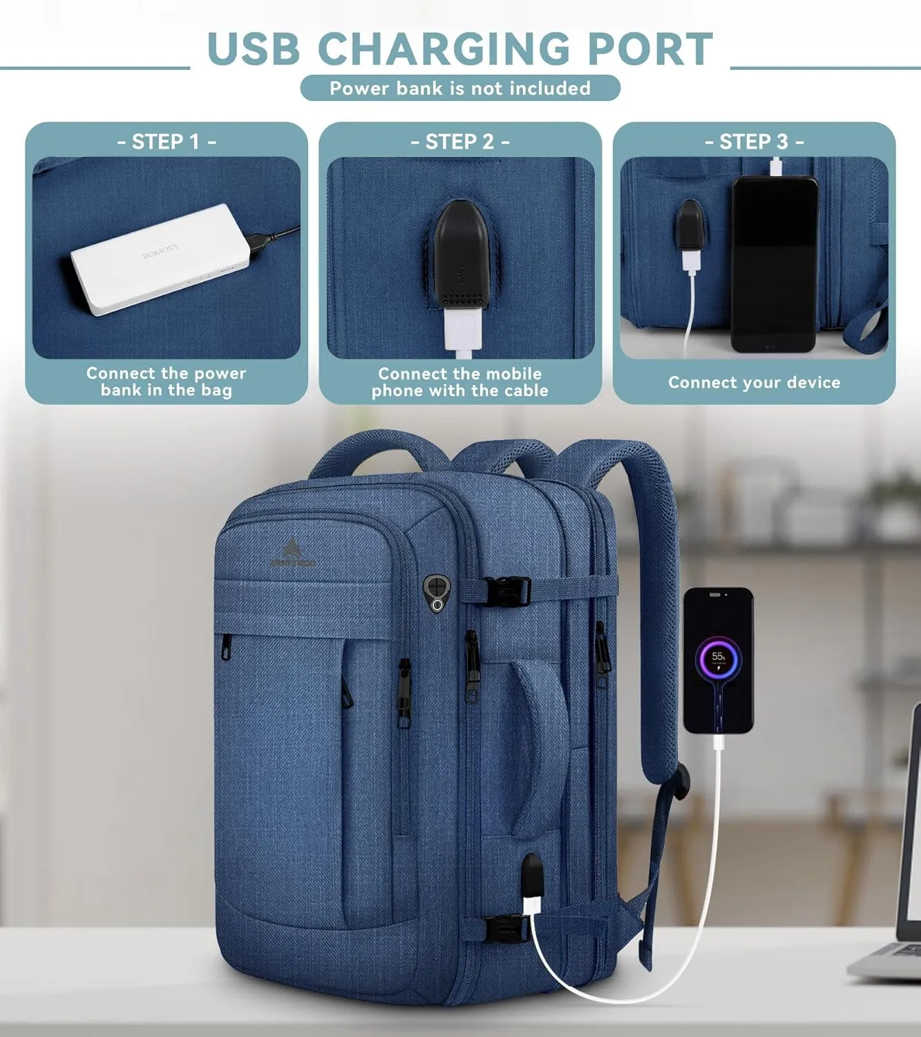 50L Expandable Large Travel Laptop Backpack for Men With Packing Cubes, Carry On Backpack Flight Approved Travel Essentials, Expandable Laptop Bag Weekender Gym Daypack Traveling Backpack, Blue