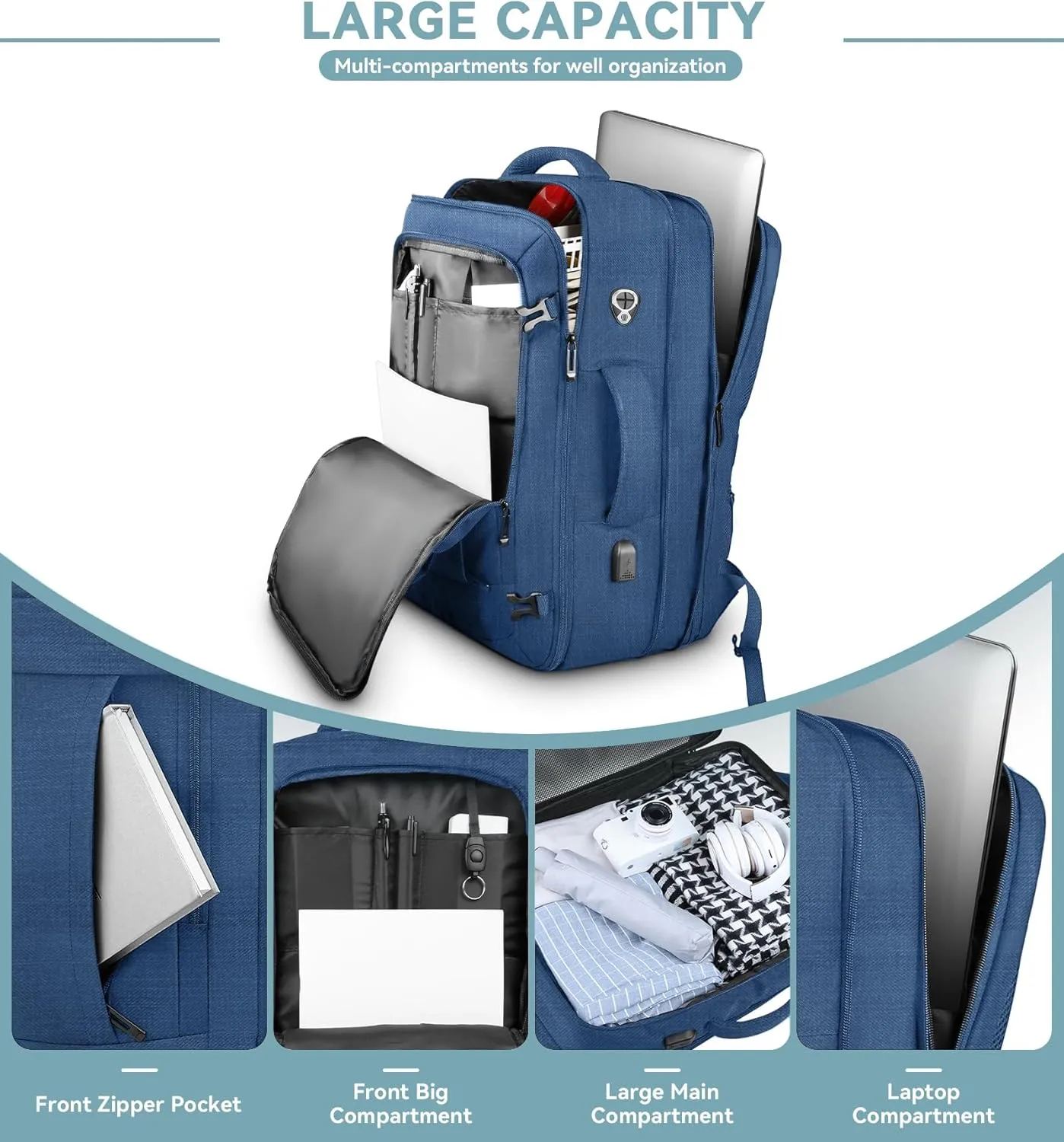 50L Expandable Large Travel Laptop Backpack for Men With Packing Cubes, Carry On Backpack Flight Approved Travel Essentials, Expandable Laptop Bag Weekender Gym Daypack Traveling Backpack, Blue