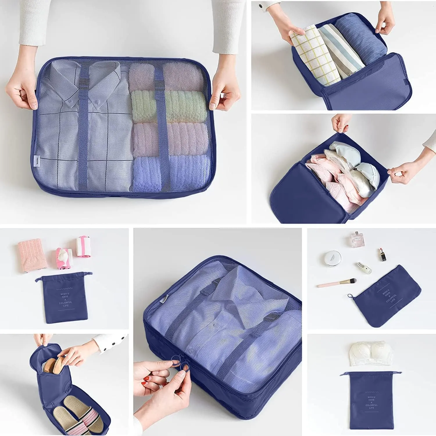 8 Set Packing Cubes for Suitcases Travel Luggage Packing Organizers,Travel Essentials Accessories Luggage Organizer with Shoe Bag Tioletry/Laundry BagDark Blue