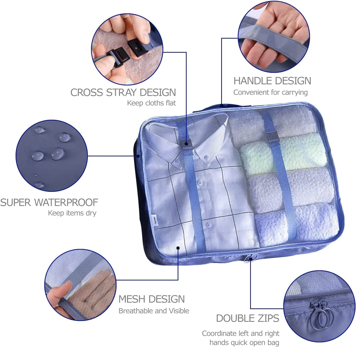 8 Set Packing Cubes for Suitcases Travel Luggage Packing Organizers,Travel Essentials Accessories Luggage Organizer with Shoe Bag Tioletry/Laundry BagDark Blue