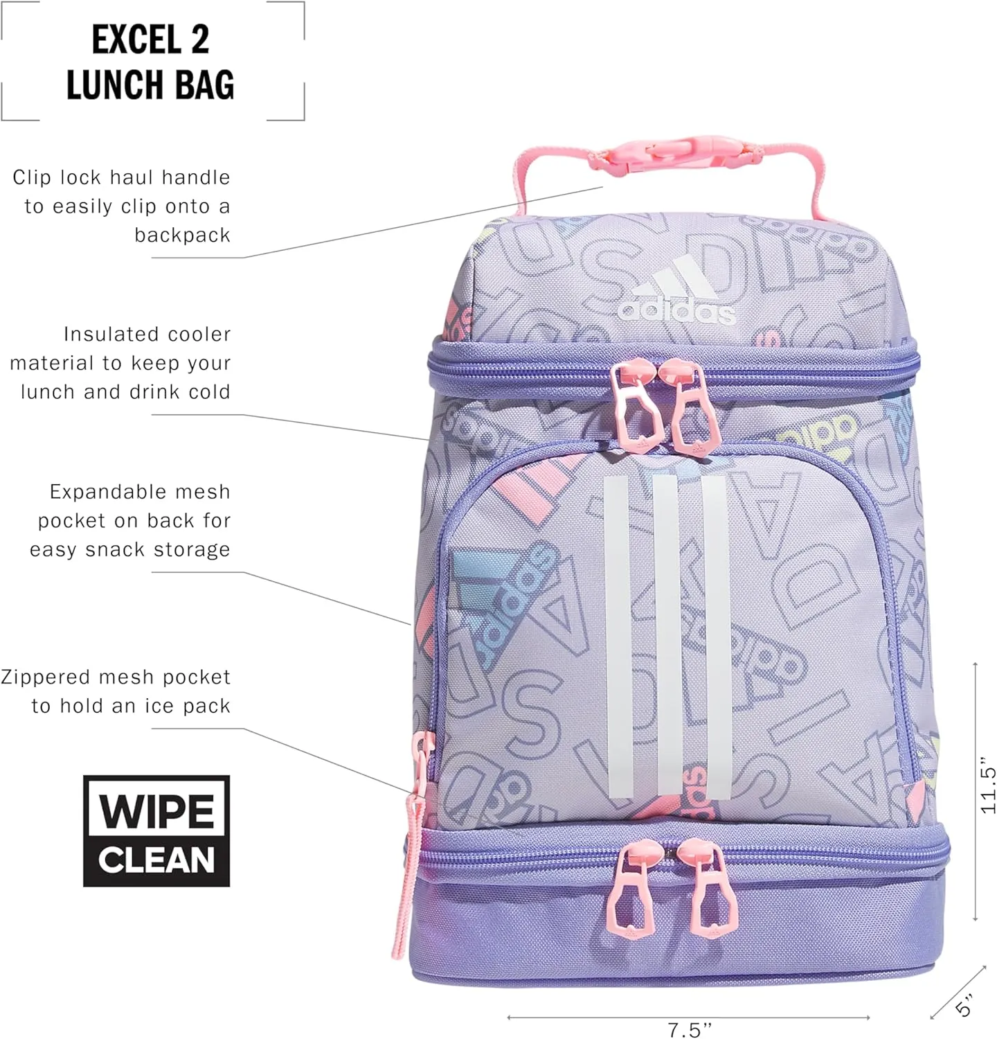 adidas Excel Bags, Lunch Cooler with Zipper, Pocket for Ice Pack, and Clip, Temperature Control Insulation, Adi Comp Silver Violet/Light Purple/Pink Spark, One Size