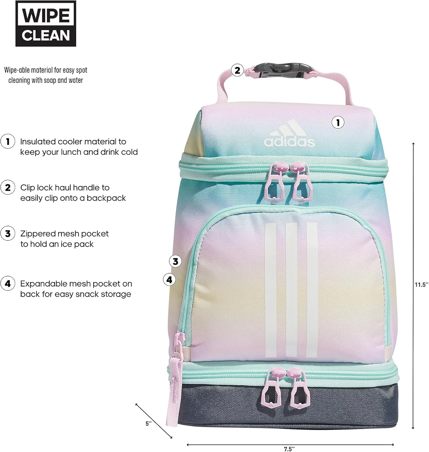adidas Excel Bags, Lunch Cooler with Zipper, Pocket for Ice Pack, and Clip, Temperature Control Insulation, Gradient Flash Aqua/Orchid Fusion Purple, One Size