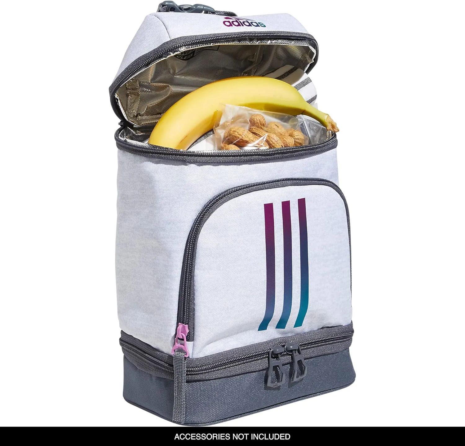 adidas Excel Bags, Lunch Cooler with Zipper, Pocket for Ice Pack, and Clip, Temperature Control Insulation, Jersey White/Shadow Chrome/Onix Grey, One Size