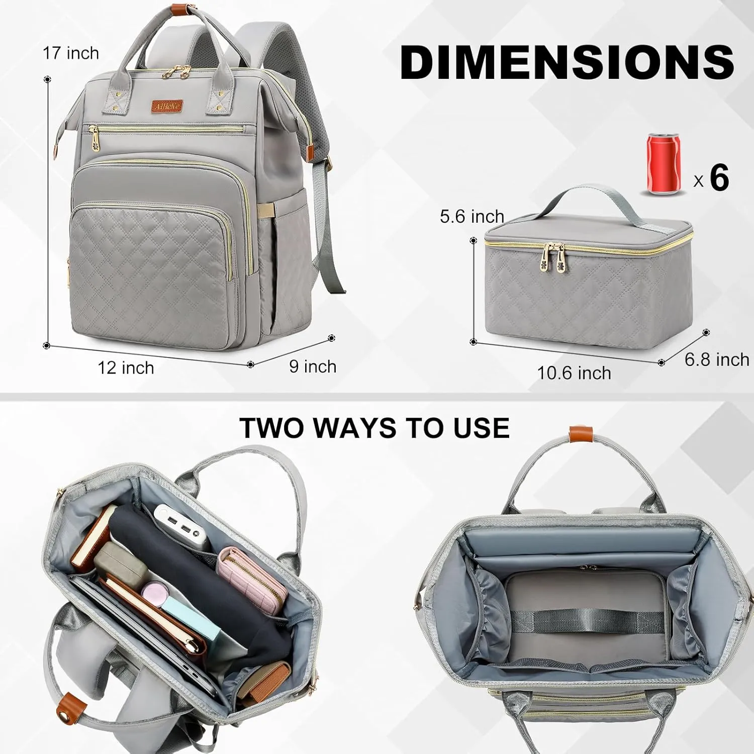 AIJIEKE Lunch Backpack for Women, 15.6 inch Laptop Backpack with Insulated Cooler Lunch Bag Set for Lunch Box Work Backpack for Travel Nurse Teacher, Grey