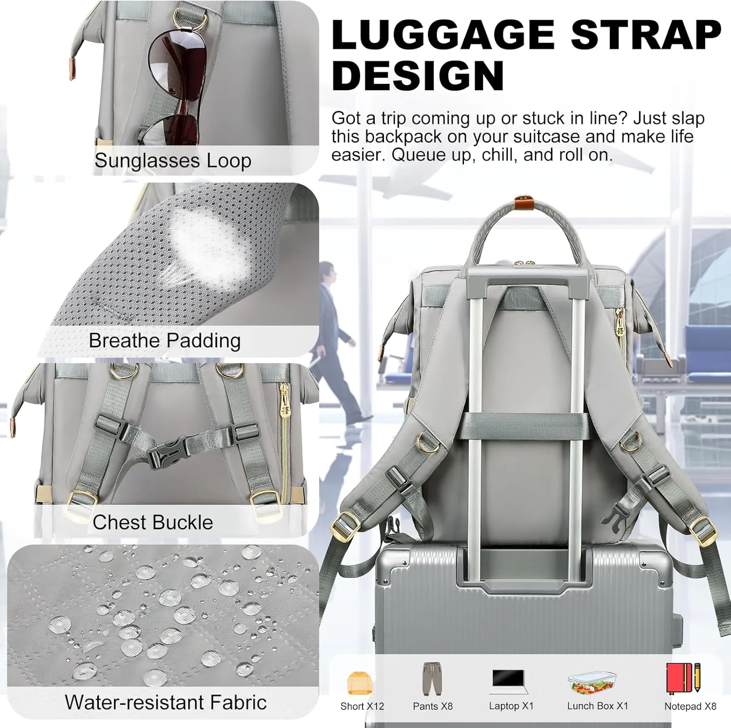 AIJIEKE Lunch Backpack for Women, 15.6 inch Laptop Backpack with Insulated Cooler Lunch Bag Set for Lunch Box Work Backpack for Travel Nurse Teacher, Grey