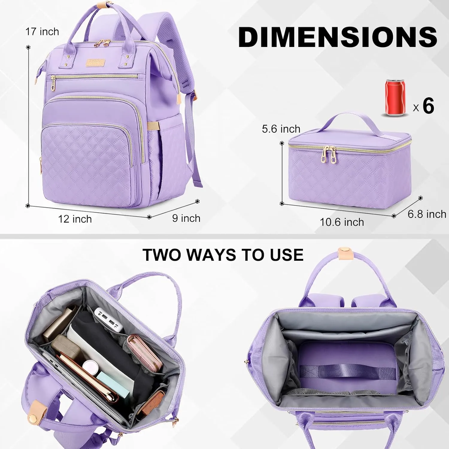 AIJIEKE Lunch Backpack for Women, 15.6 inch Laptop Backpack with Insulated Cooler Lunch Bag Set for Lunch Box Work Backpack for Travel Nurse Teacher, Purple