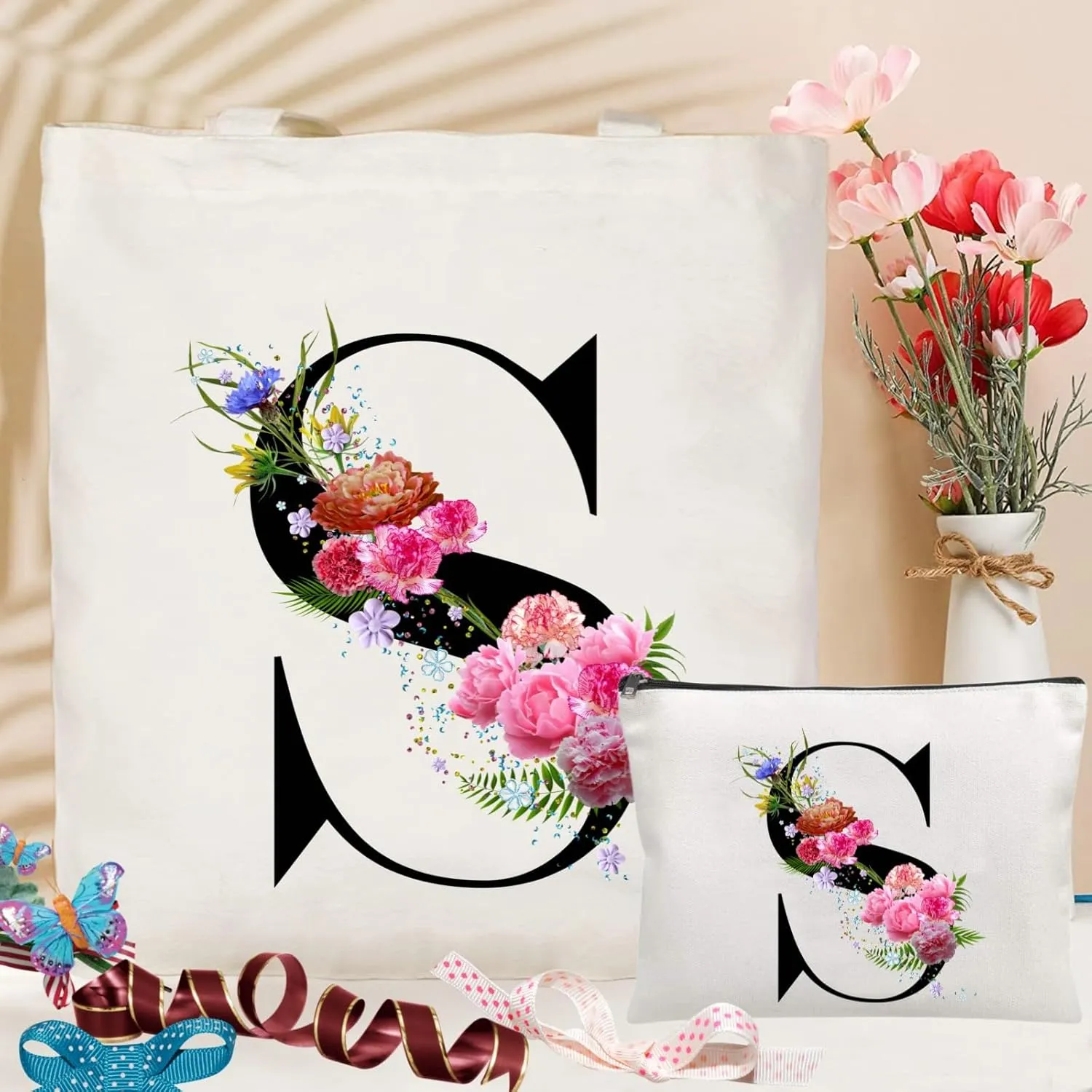 Andeiltech Initial Canvas Tote Bag Floral Letter Personalized Makeup Bag Monogrammed Gift for Bridesmaids Birthday Wedding