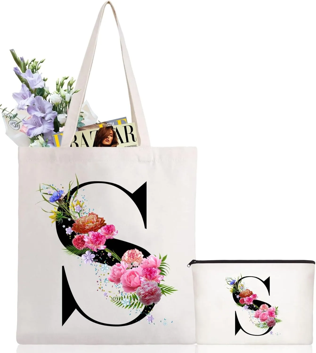 Andeiltech Initial Canvas Tote Bag Floral Letter Personalized Makeup Bag Monogrammed Gift for Bridesmaids Birthday Wedding