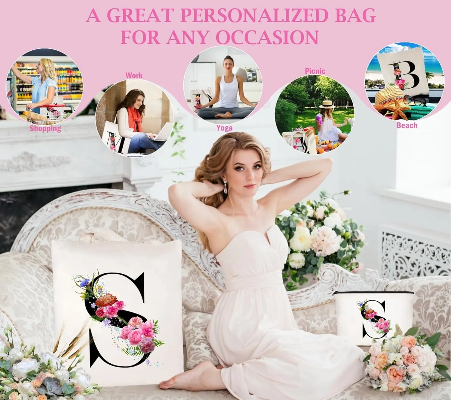 Andeiltech Initial Canvas Tote Bag Floral Letter Personalized Makeup Bag Monogrammed Gift for Bridesmaids Birthday Wedding