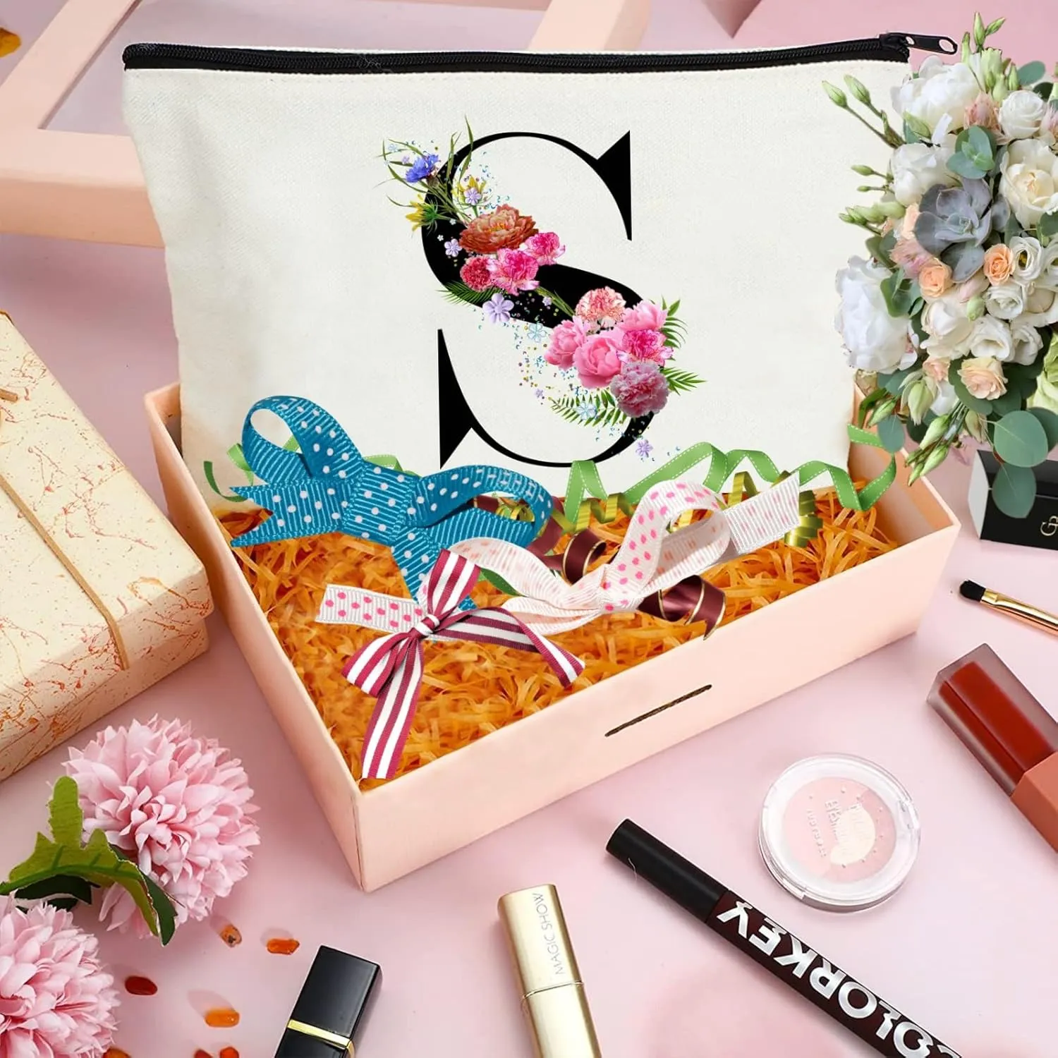 Andeiltech Initial Canvas Tote Bag Floral Letter Personalized Makeup Bag Monogrammed Gift for Bridesmaids Birthday Wedding