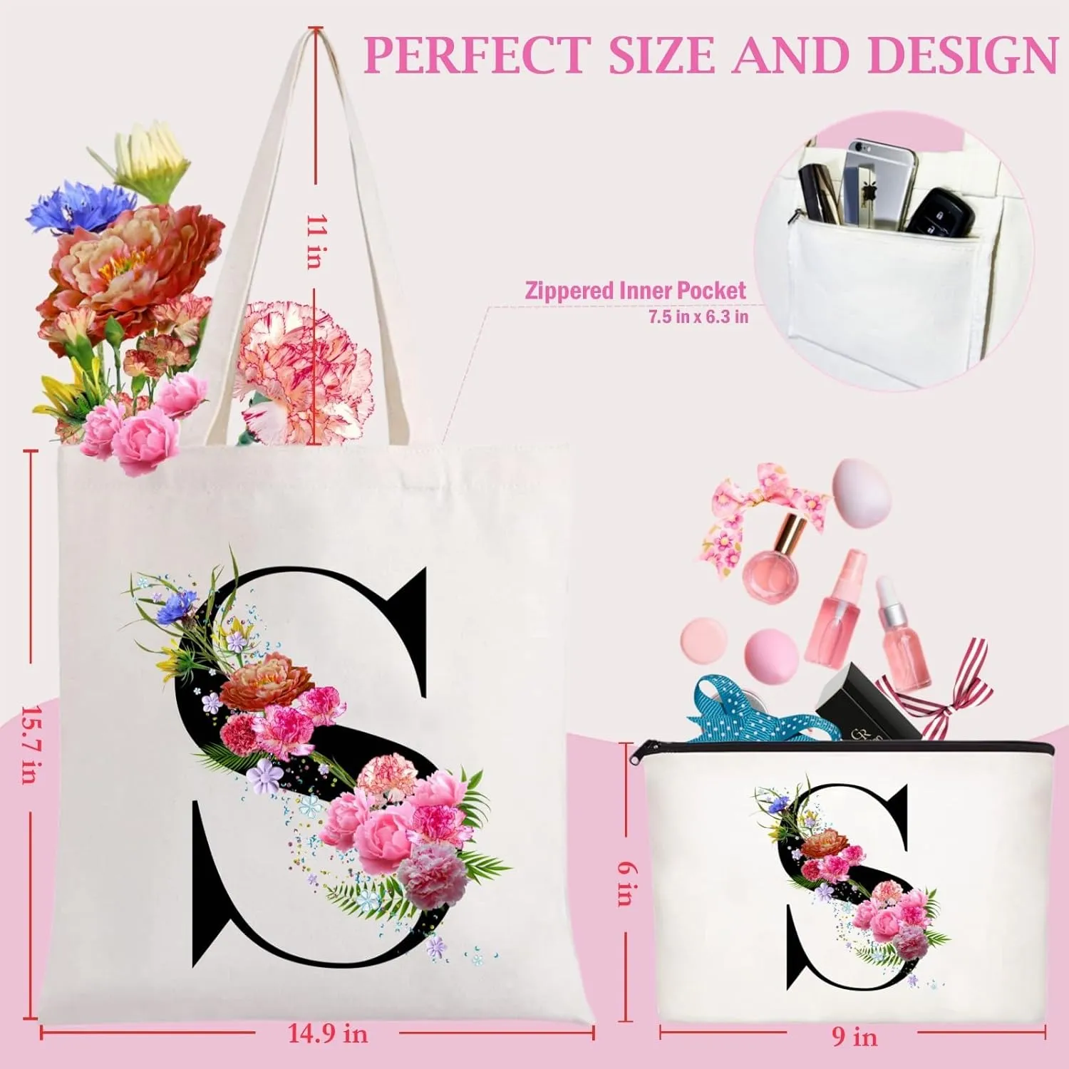 Andeiltech Initial Canvas Tote Bag Floral Letter Personalized Makeup Bag Monogrammed Gift for Bridesmaids Birthday Wedding