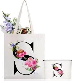 Andeiltech Initial Canvas Tote Bag Floral Letter Personalized Makeup Bag Monogrammed Gift for Bridesmaids Birthday Wedding