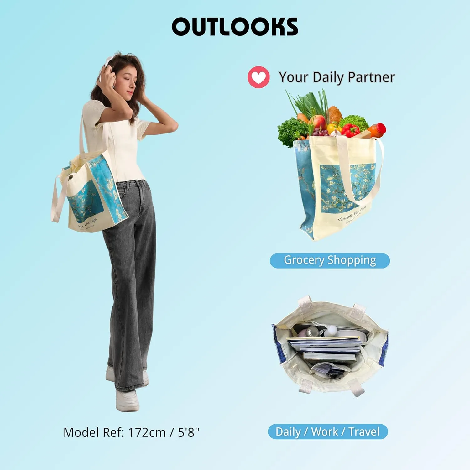 Art Canvas Tote Bag for Women with false flat bottom, zippers,interior Pocket,suitable for Shopping,Work,Travel