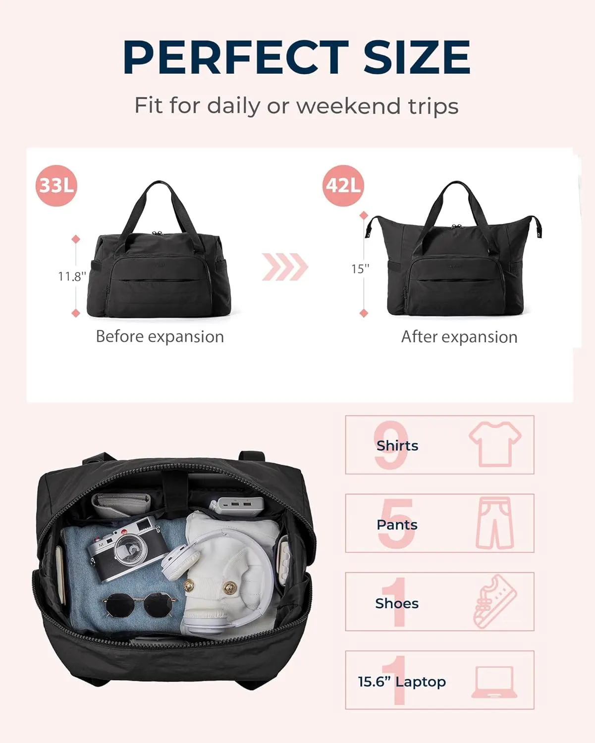 BAGSMART Travel Duffle Bag, Weekender Bags for Women Large Carry on Overnight Bag, Gym Bag with Trolley Sleeve, Personal Item Travel Bag Workout Dance Bag, Black
