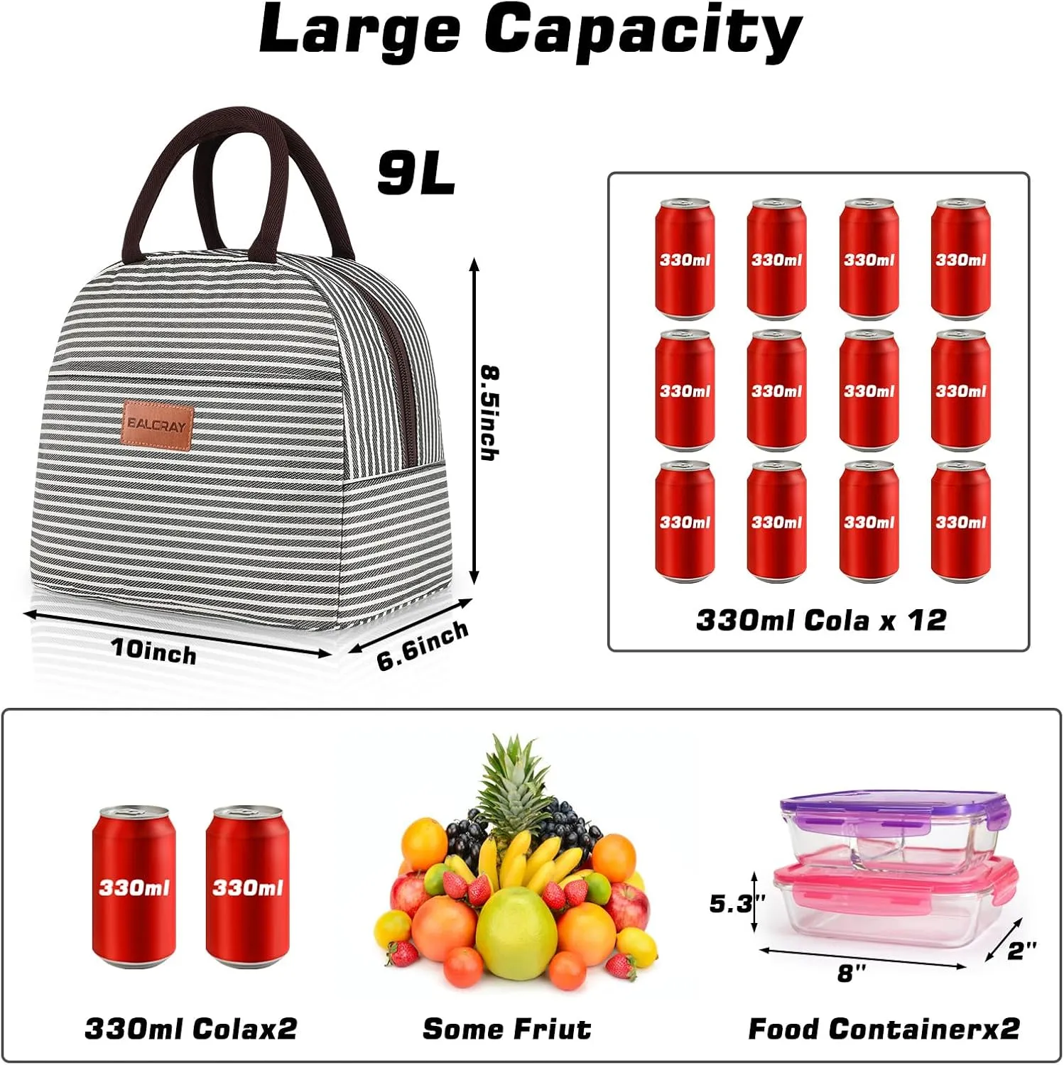 BALORAY Lunch Bag for Women Men Insulated Lunch Box for Adult Reusable Lunch Tote Bag for Work, Picnic or Travel(Black White Stripes)