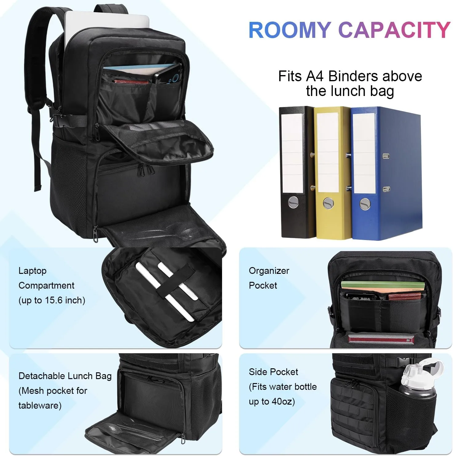 BERTASCHE Lunch Backpack, Laptop Backpack 15.6 inch Work Backpack w/Insulated Cooler Lunch box for Men Women, Casual Daypack for Work Commuter Picnic College,Black