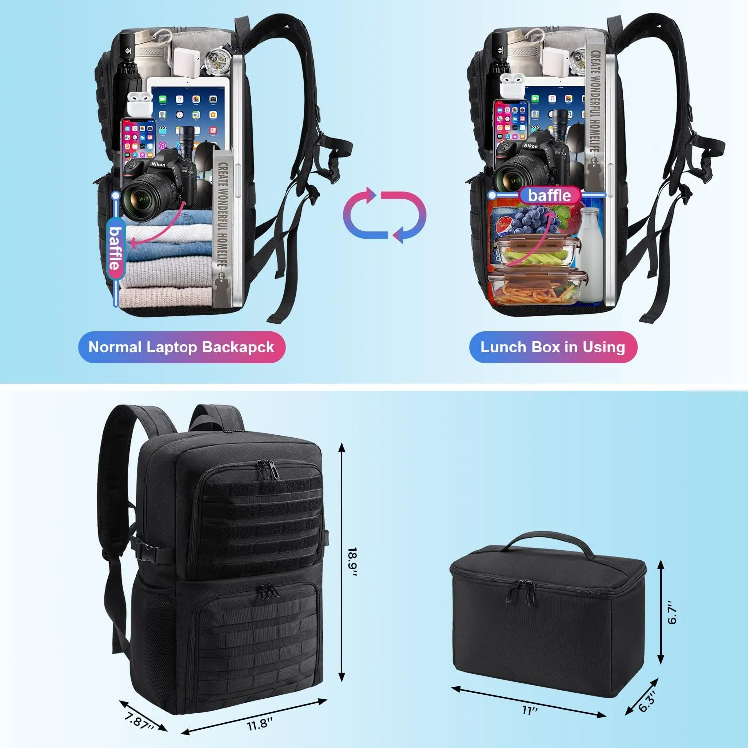 BERTASCHE Lunch Backpack, Laptop Backpack 15.6 inch Work Backpack w/Insulated Cooler Lunch box for Men Women, Casual Daypack for Work Commuter Picnic College,Black