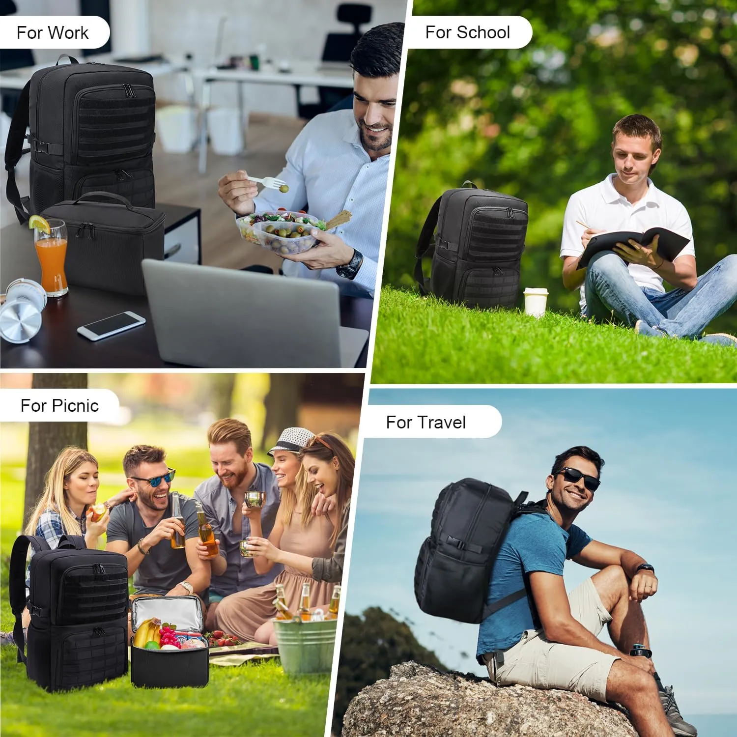 BERTASCHE Lunch Backpack, Laptop Backpack 15.6 inch Work Backpack w/Insulated Cooler Lunch box for Men Women, Casual Daypack for Work Commuter Picnic College,Black