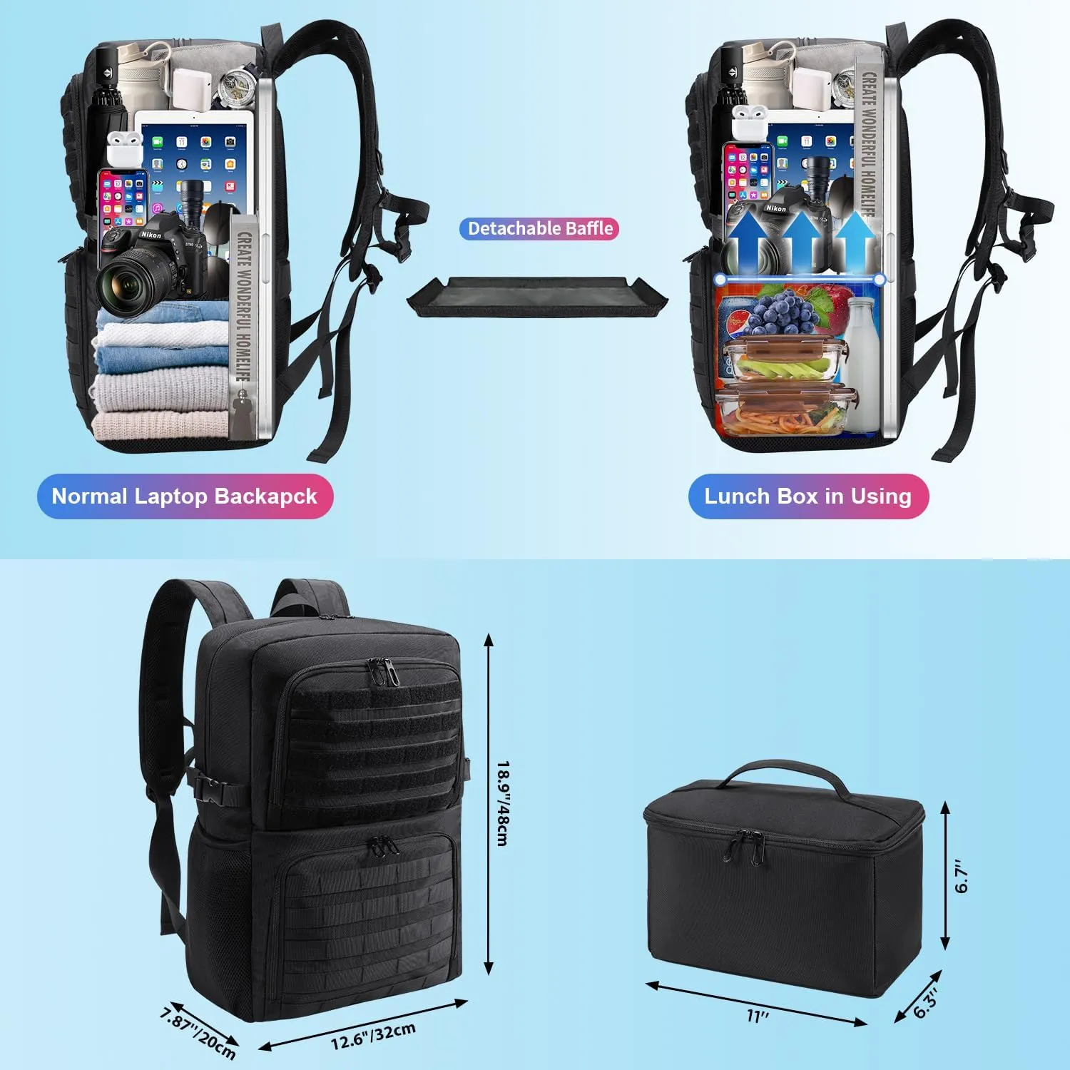 BERTASCHE Lunch Backpack, Laptop Backpack 17 inch for Work w/Insulated Cooler Lunch box for Men Women, Casual Daypack for Travel Commuter Picnic College,Black