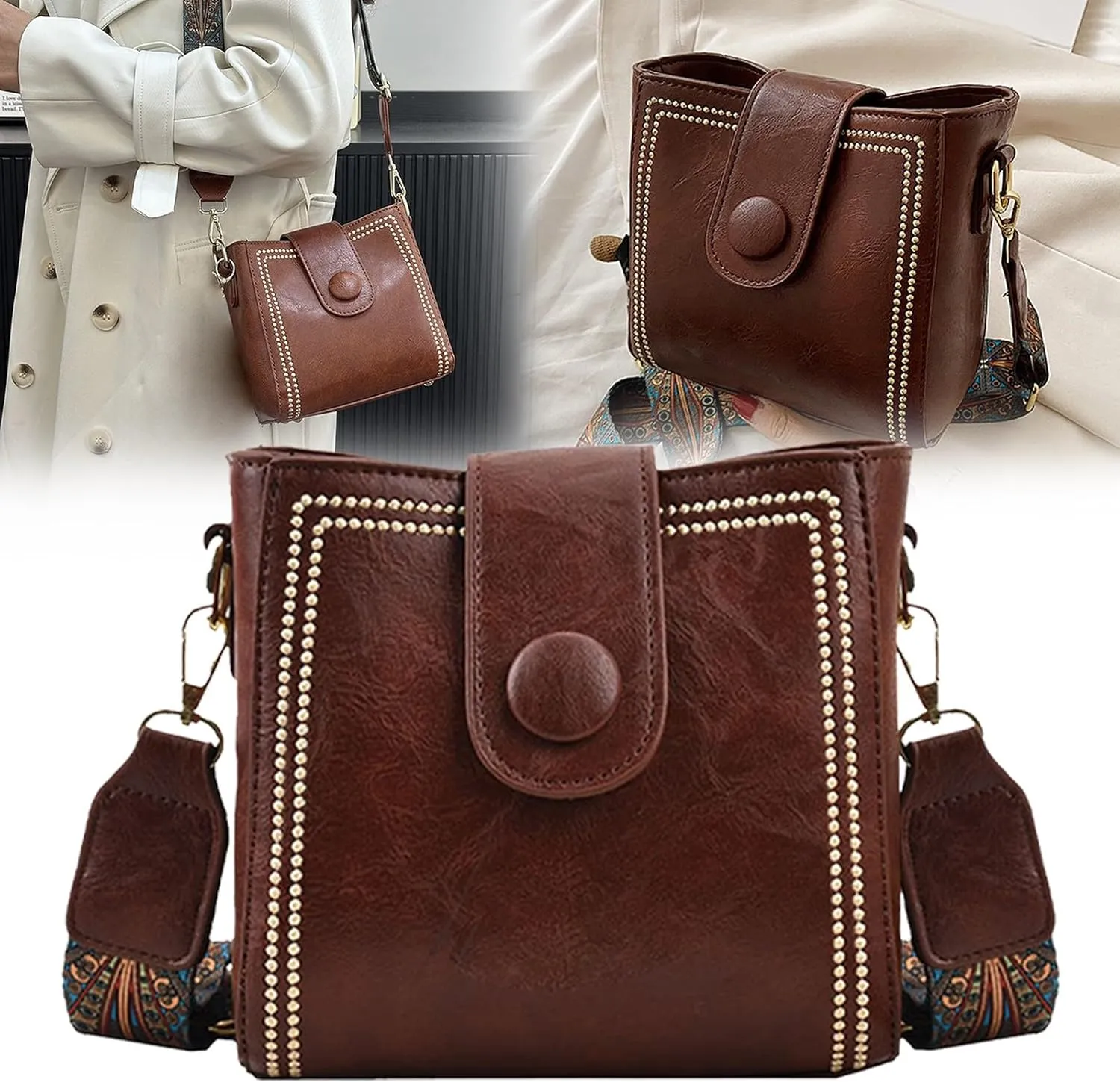 Bootara Bucket Bag for Women Vintage Retro Crossbody Bucket Bags with Adjustable Guitar Strap Trendy Leather Handbags