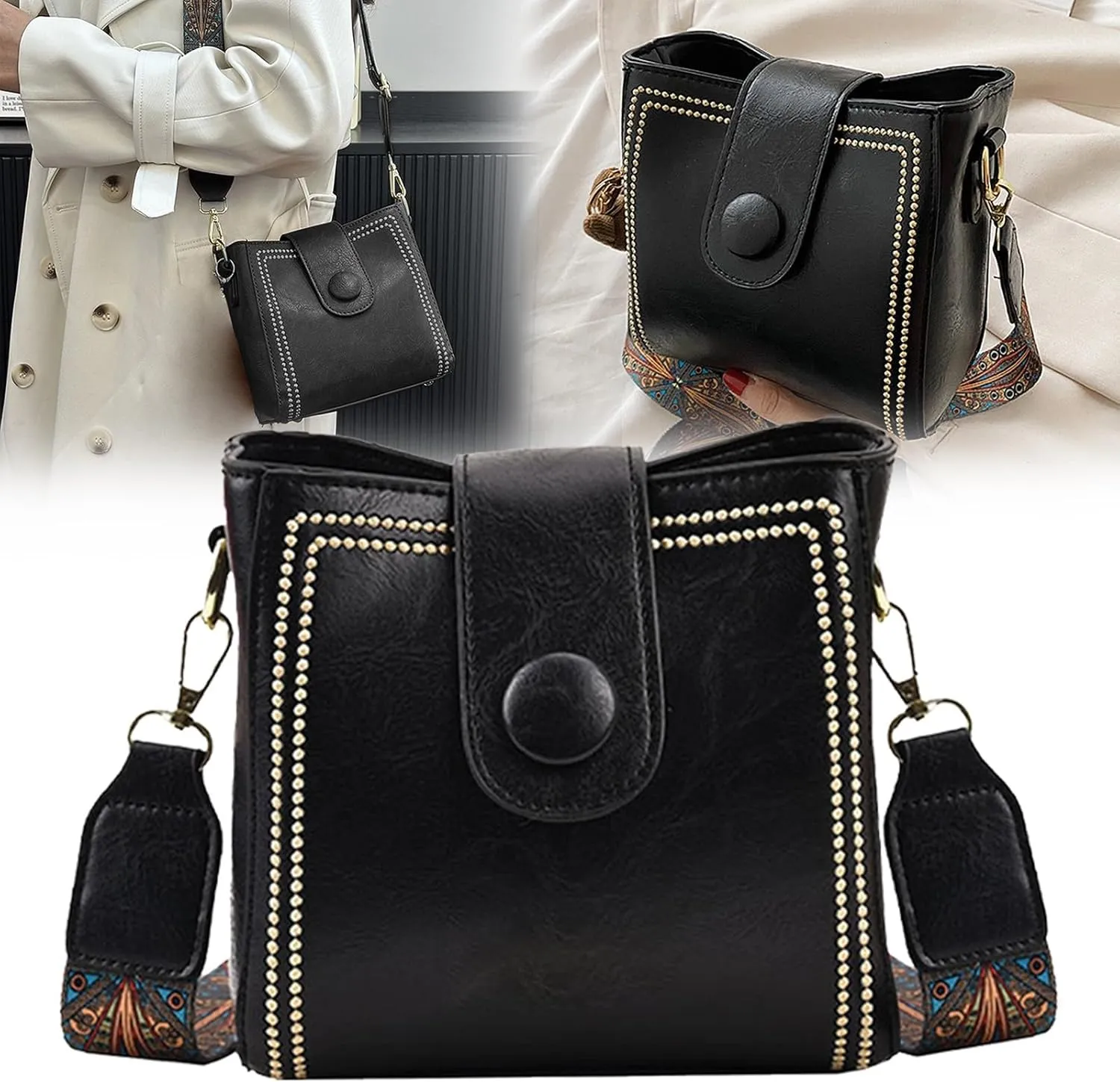 Bootara Bucket Bag for Women Vintage Retro Crossbody Bucket Bags with Adjustable Guitar Strap Trendy Leather Handbags