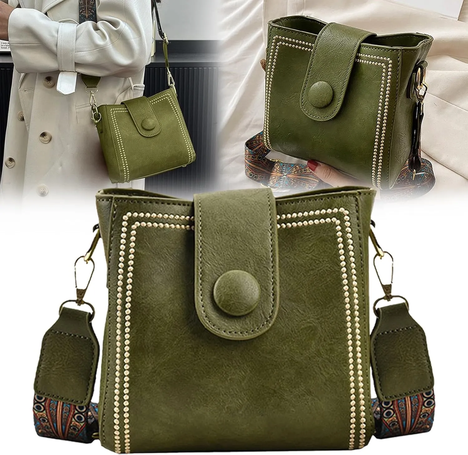 Bootara Bucket Bag for Women Vintage Retro Crossbody Bucket Bags with Adjustable Guitar Strap Trendy Leather Handbags