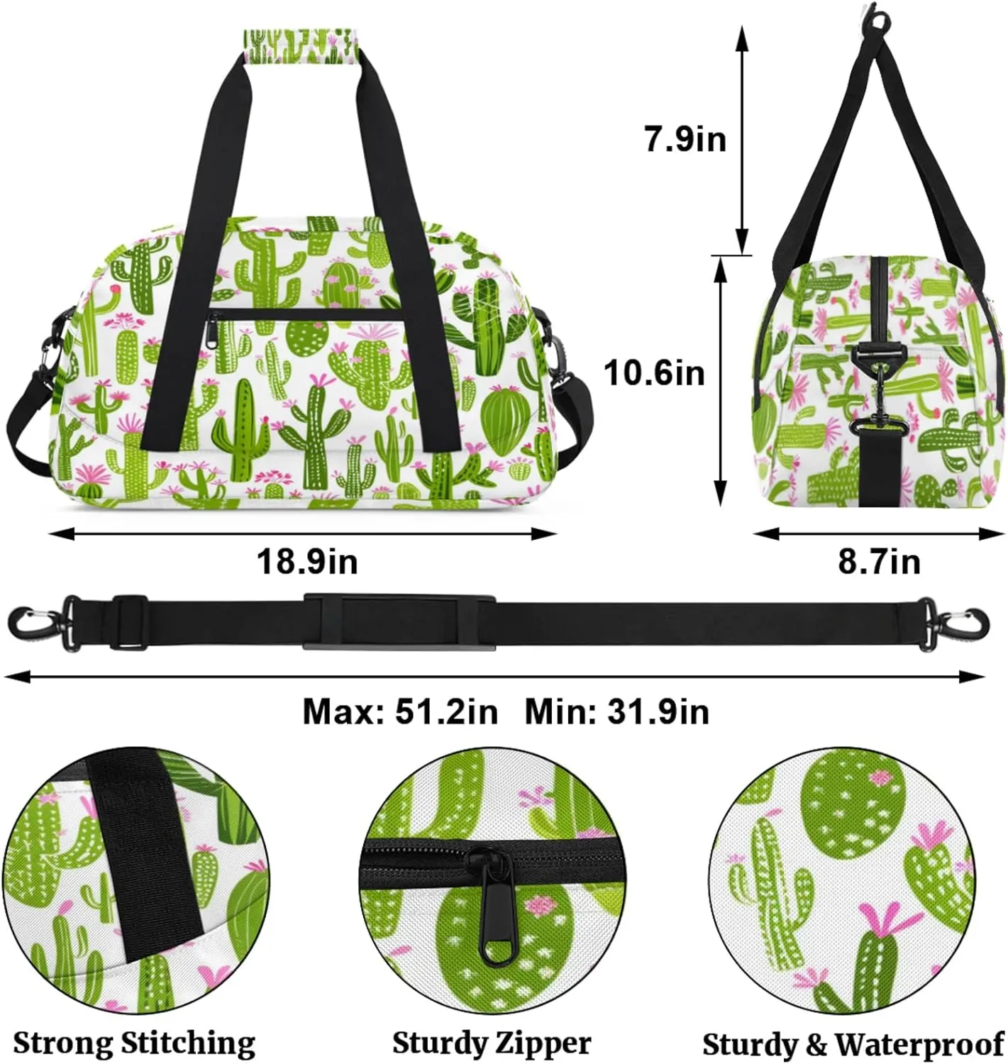 Cactus Gym Bag for Women Men, Sports Travel Duffel Bag Lightweight Workout Bag Carry On Overnight Weekender Bag