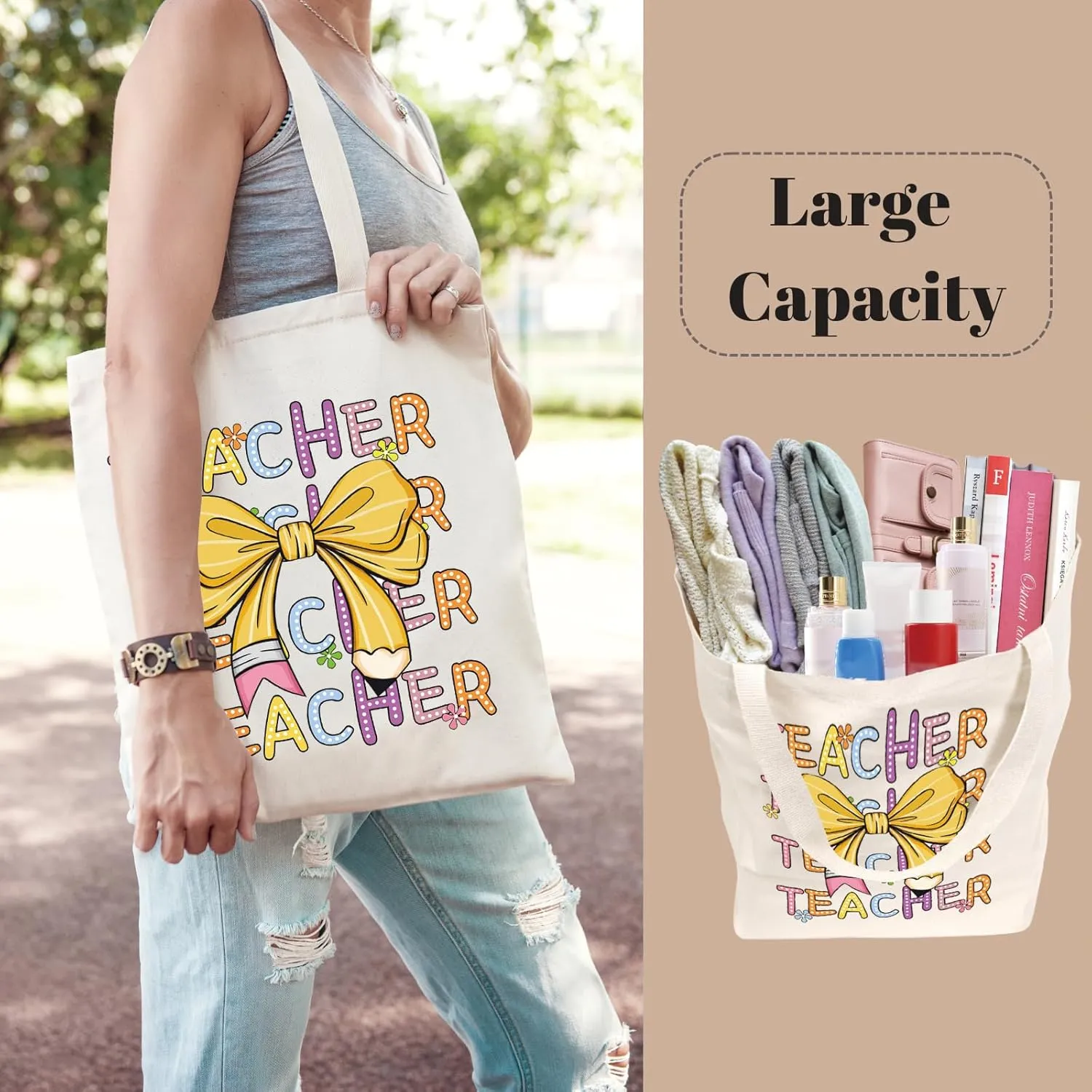 Canvas Aesthetic Reusable Grocery Tote Bag with Pockets for Women Graduation Travel Work Mothers Day Christmas