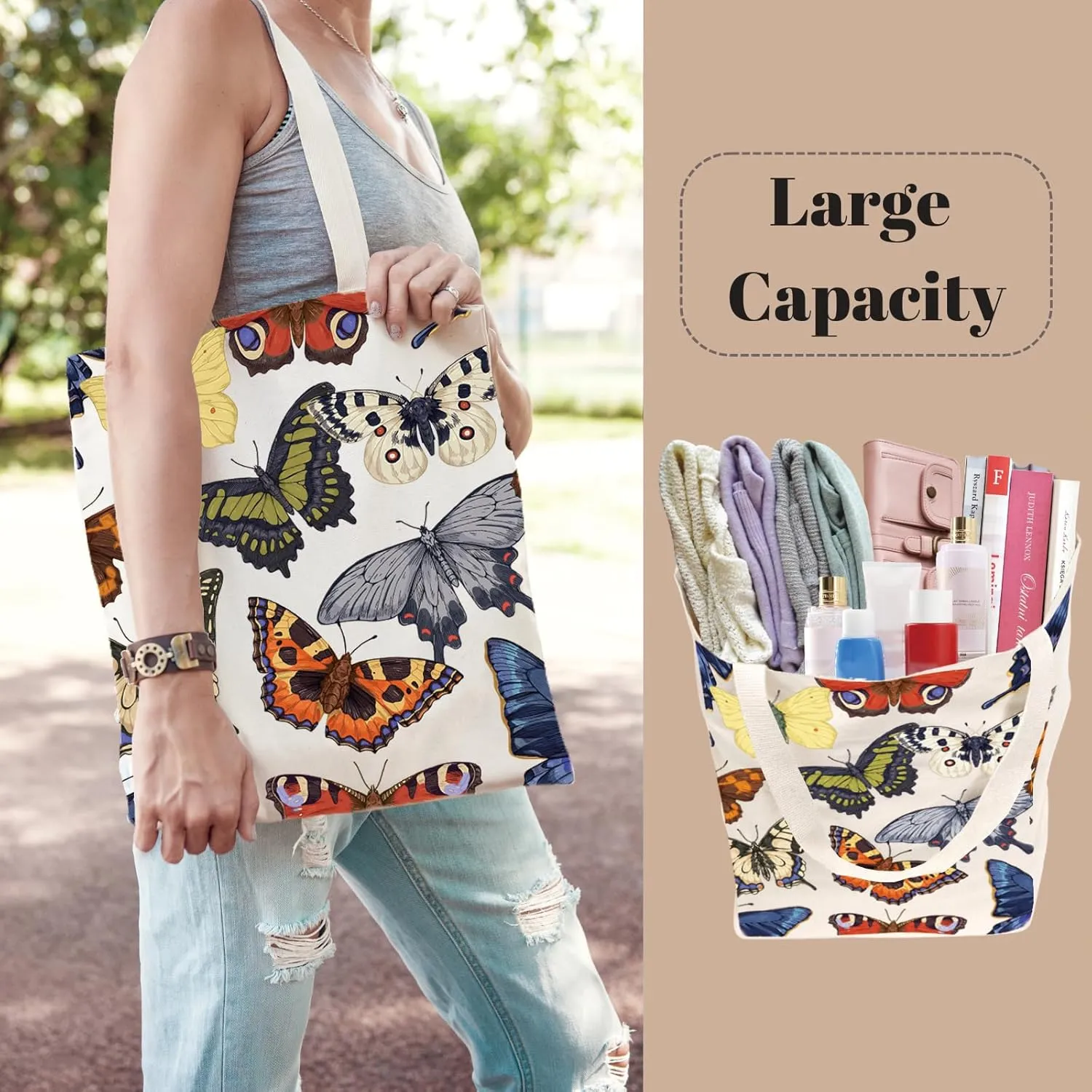 Canvas Aesthetic Reusable Grocery Tote Bag with Pockets for Women Graduation Travel Work Mothers Day Christmas