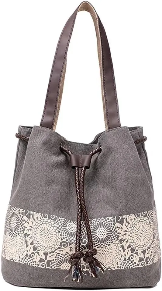 Canvas Bag for Women Casual Boho Purse Multi-pockets Tote Handbag Vintage Shoulder Bag Printed Drawstring Bucket Bag