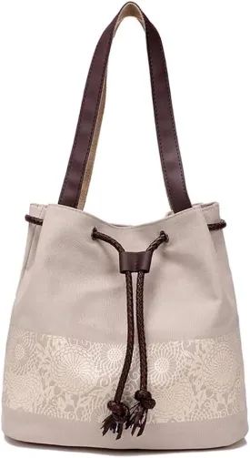 Canvas Bag for Women Casual Boho Purse Multi-pockets Tote Handbag Vintage Shoulder Bag Printed Drawstring Bucket Bag