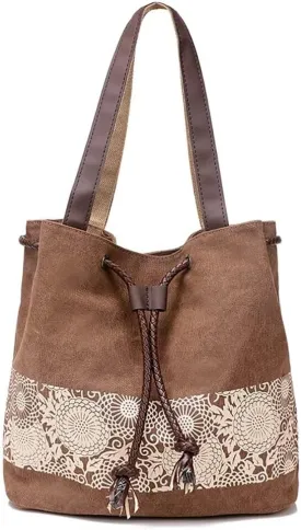 Canvas Bag for Women Casual Boho Purse Multi-pockets Tote Handbag Vintage Shoulder Bag Printed Drawstring Bucket Bag