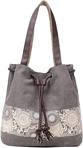 Canvas Bag for Women Casual Boho Purse Multi-pockets Tote Handbag Vintage Shoulder Bag Printed Drawstring Bucket Bag