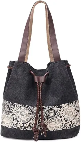 Canvas Bag for Women Casual Boho Purse Multi-pockets Tote Handbag Vintage Shoulder Bag Printed Drawstring Bucket Bag