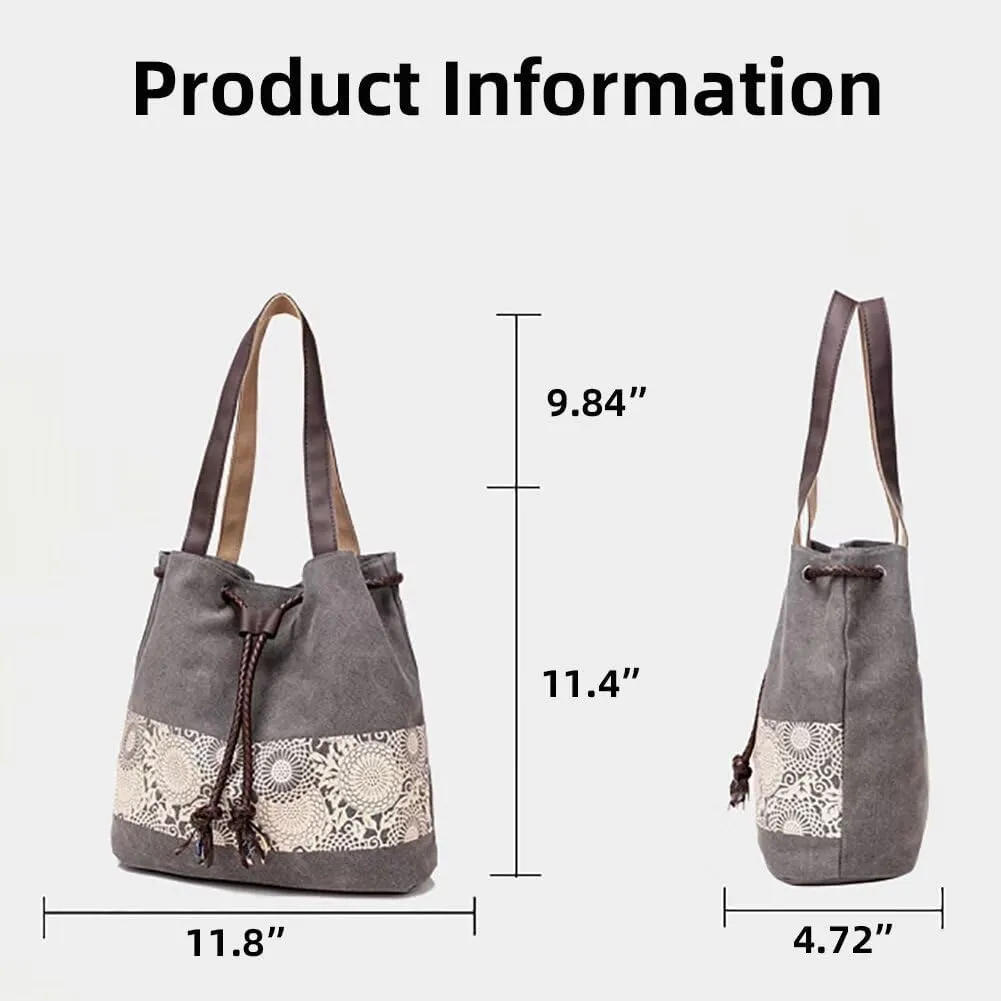 Canvas Bag for Women Casual Boho Purse Multi-pockets Tote Handbag Vintage Shoulder Bag Printed Drawstring Bucket Bag