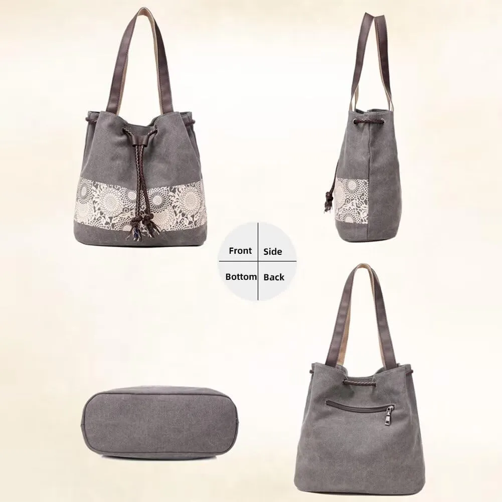 Canvas Bag for Women Casual Boho Purse Multi-pockets Tote Handbag Vintage Shoulder Bag Printed Drawstring Bucket Bag